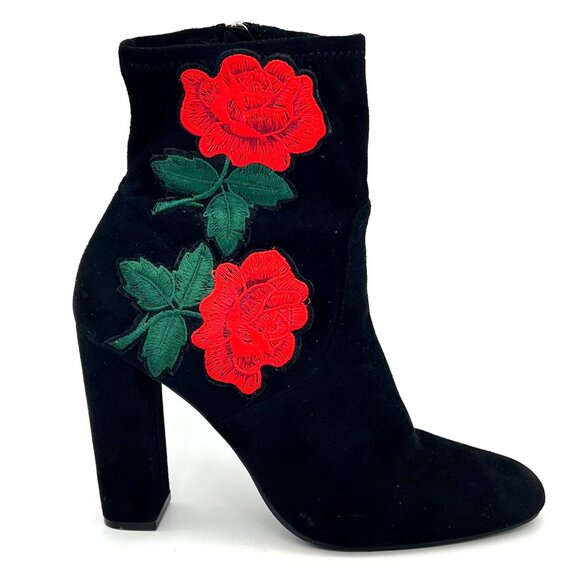 Steve Madden Edit Womens Black Suede Ankle Boots Red Rose Embroidery Side Zipper - Picture 10 of 16
